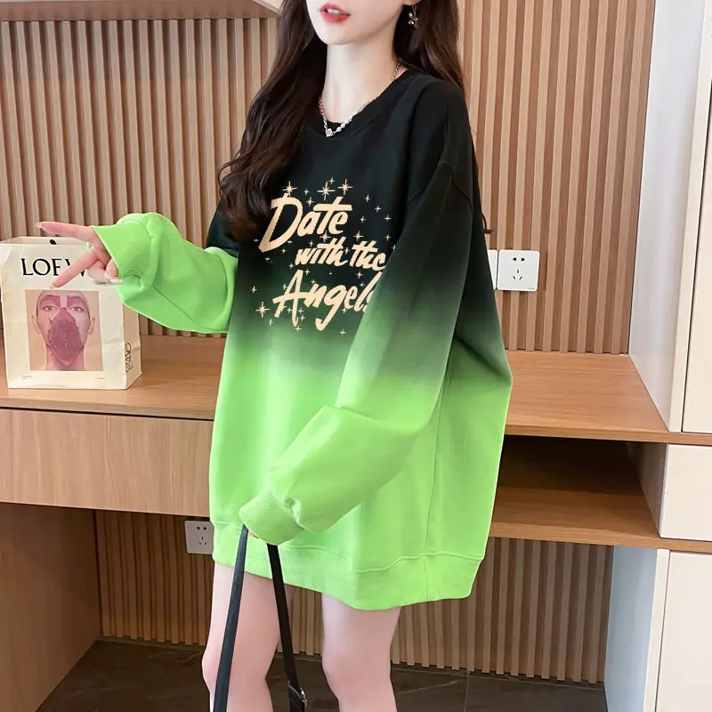 Spring Autumn Women\'s 2024 New Splicing O-Neck Fashion Versatile Letter Printed Gradient Medium Long Loose Long Sleeve Hoodies