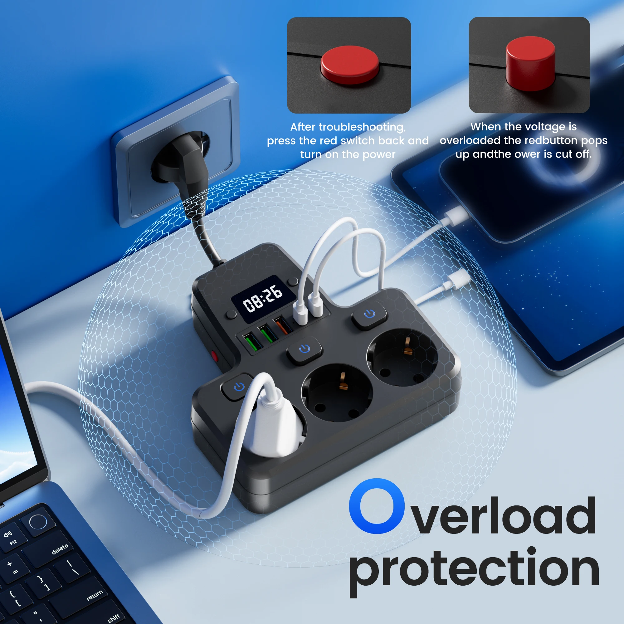 Toma de corriente con interruptor independiente 9 en 1, enchufe estándar de la UE, toma de pared 3 USB 2 tipo C con reloj