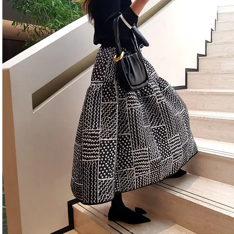 

Korean Jacquard Splicing Long Skirt Chic Print Skirts Vintage High Waist Elastic Autumn Long A-Line Skirt Casual Women Big Hem