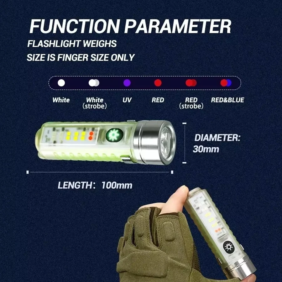 Linterna LED recargable por USB C, MINI llavero con luz LED con imán trasero, luz Uv, linterna portátil multifunción, luces de Camping