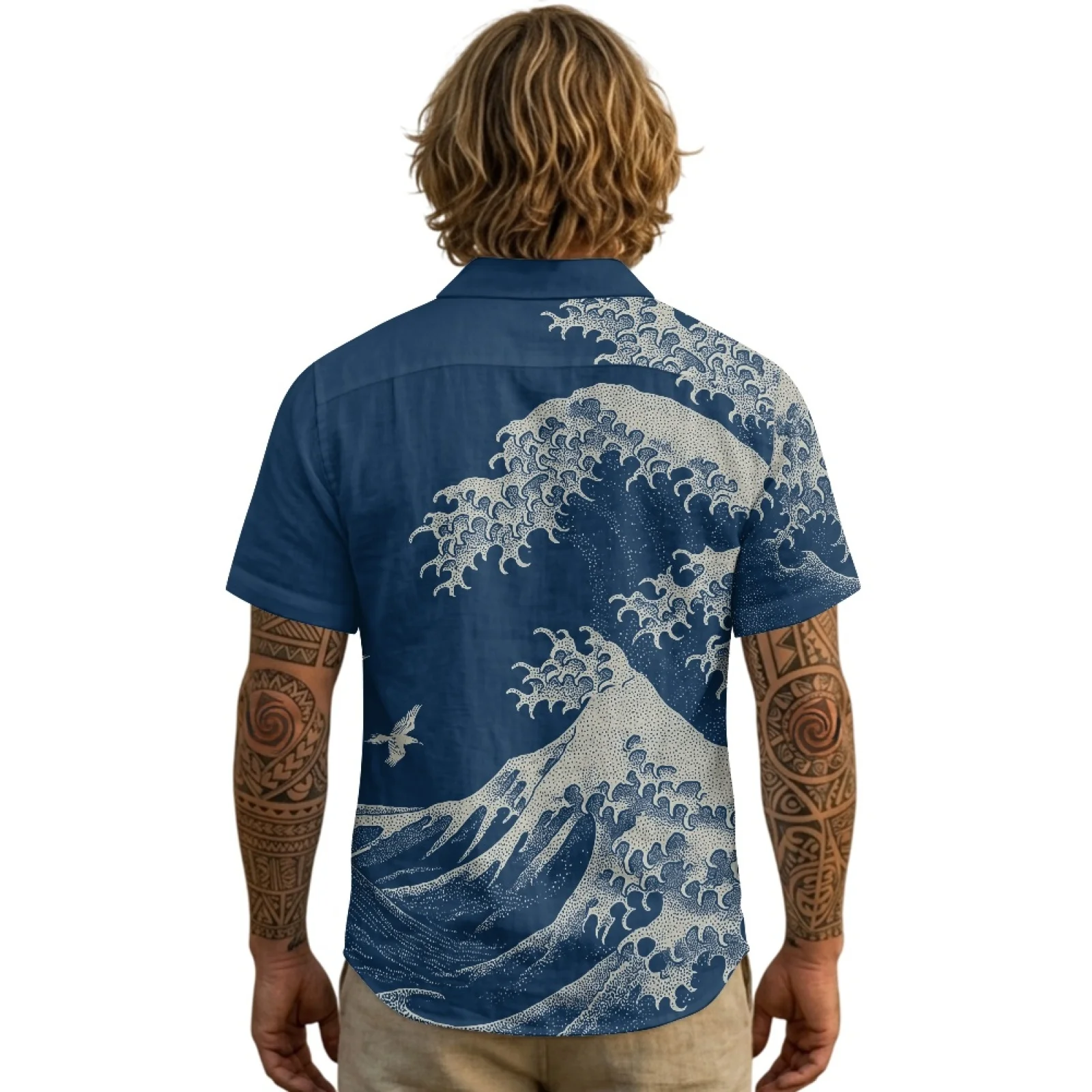 PENSTROLL Blue Wave Bird Linen Style Mens Hawaiian Shirt for Vacation Solid Color Men's T Shirt Short Sleeve Tee Shirt