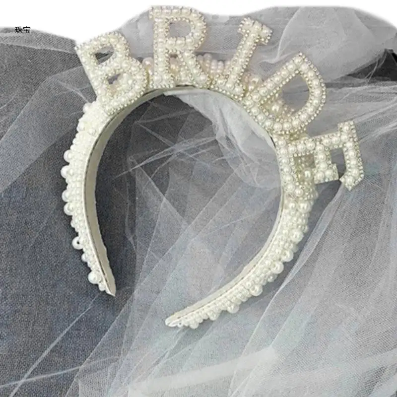 X5QE Vintage Hair Hoop Full Pearls Hairband Bridal Headpiece Bride to Be Short Tulle