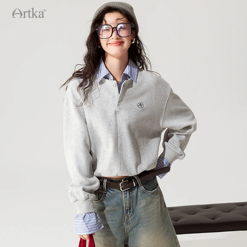 

ARTKA 2023 Early Autumn New Fashion Casual Fake Two-piece Lapel Sweatshirts Long Sleeve Loose Gray Sweatshirt Female VA92332Q