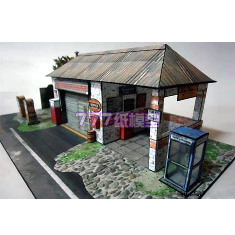 1:43/64/72/76/87 مقياس اليدوية ورقة محطة الوقود القديمة نموذج تجميع محاكاة سيارة المرآب بناء طاولة الرمل نموذج أطقم 1 قطعة