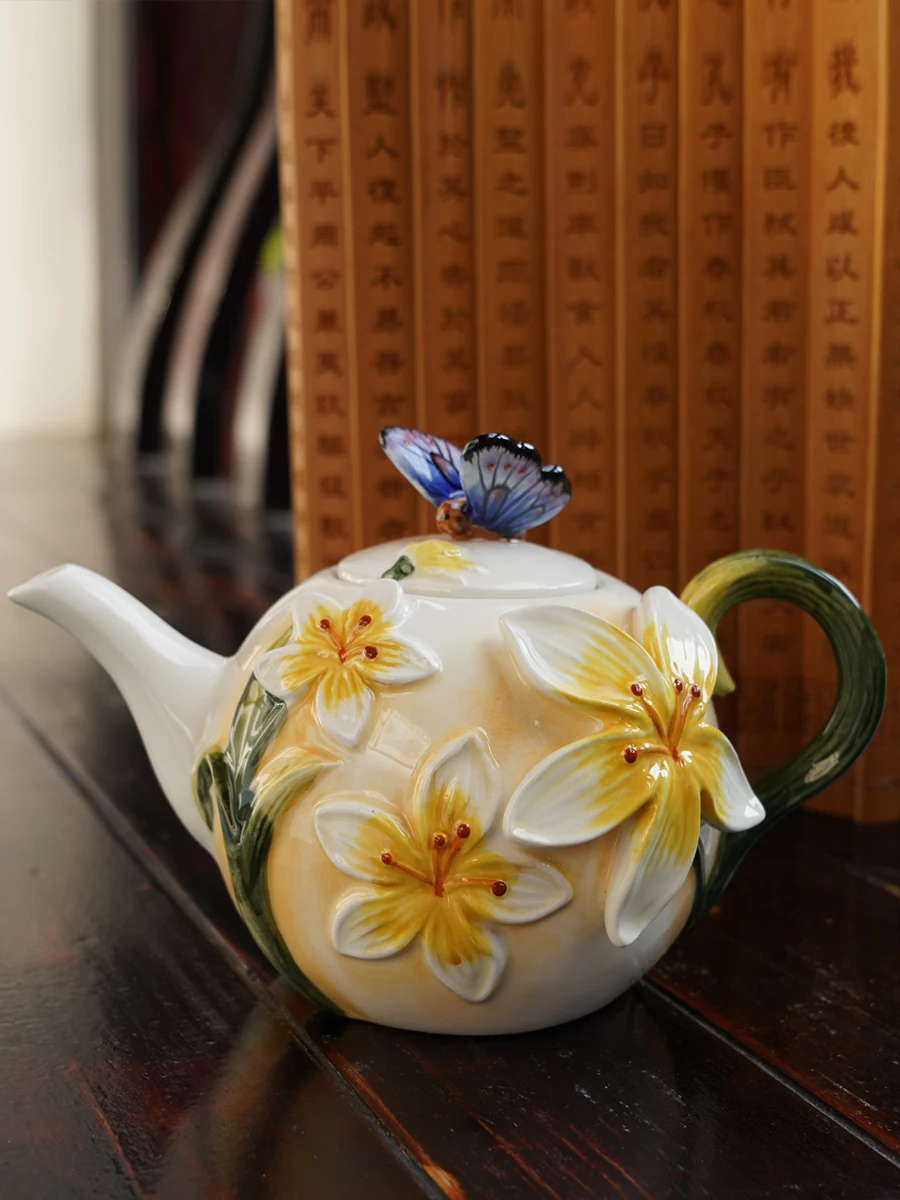 European Style Ceramic Coffee Pot, Hand-painted Butterfly Orchid Teapot, Tea Cup Set, Exquisite Creative Gift, Cafe Accessories