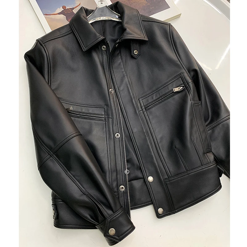 سترة دراجة نارية من جلد الغنم لعام 100% للنساء معاطف سوداء بسحاب معاطف نسائية غير رسمية من الجلد الحقيقي فضفاضة بأكمام طويلة #5