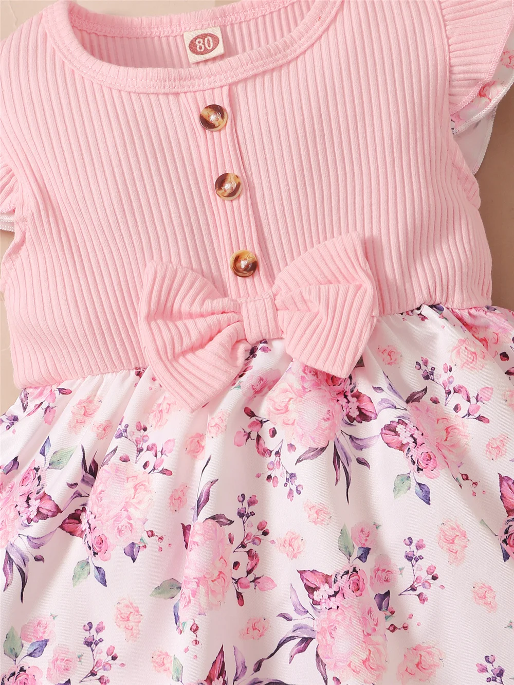 0-18 Months Baby Girl Floral Romper Dress Fly Sleeve Summer Ribbed Jumpsuit with Headband Newborn Baby Girl 2PCS Outfit