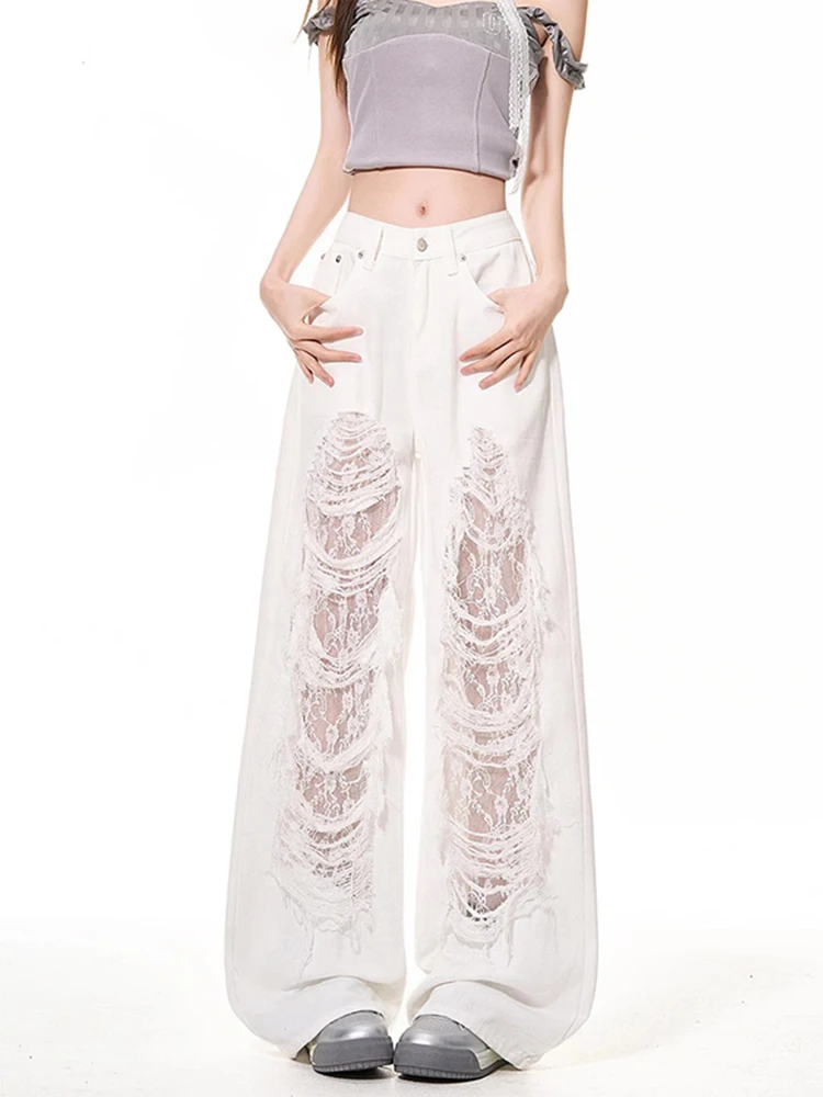 Pantalones vaqueros de pierna ancha rasgados de encaje blanco para mujer, pantalones de pierna recta informales, versátiles, holgados, a la moda, para verano y otoño, 2025