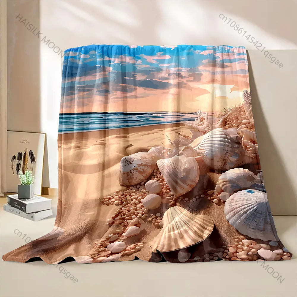 1PC Seashells beach sunset coast Print Adult Children Warm Blankets Home Travel Car Soft Comfortable Suitable for all seasons