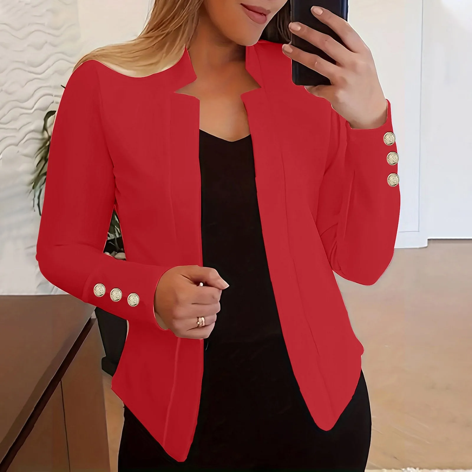 Women'S Solid Color Casual Suit Top Neckline Cut Fashion Long Sleeve Slim Jacket Office Short Suit Jacket Fashion Women'S Wear