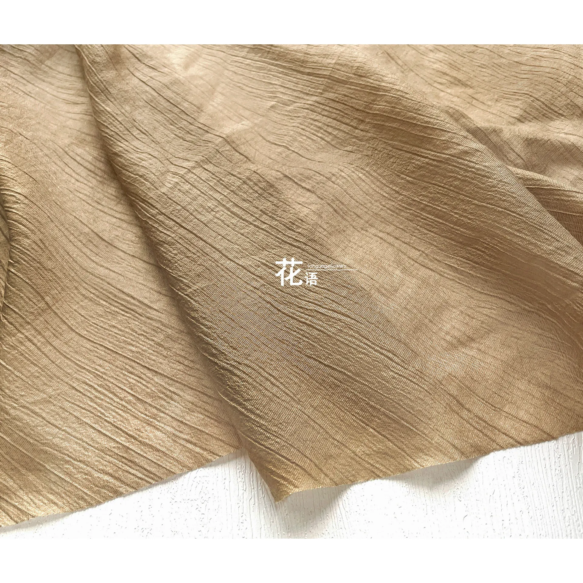 Champagne Sheer Rayon Designer Fabric Crinkled Chiffon with Silver Thread Stripes for Clothing Design and Custom Apparel