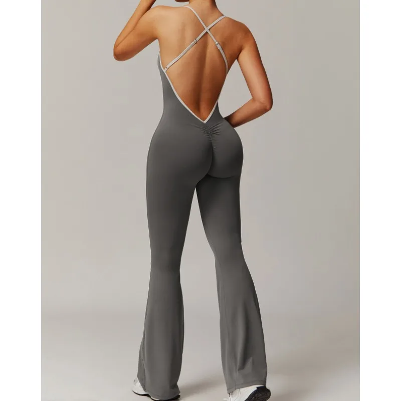 Summer V Back One-piece Suit Women Sports Jumpsuit  Yoga Rompers Backless Sportswear Women Sleeveles Workout Bodysuits