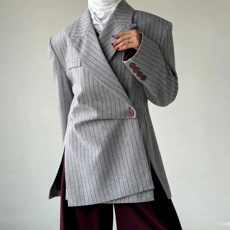 SuperAen European and American Retro Style Suit 2024 Autumn and Winter New Irregular Design Gray Striped Blazer Women