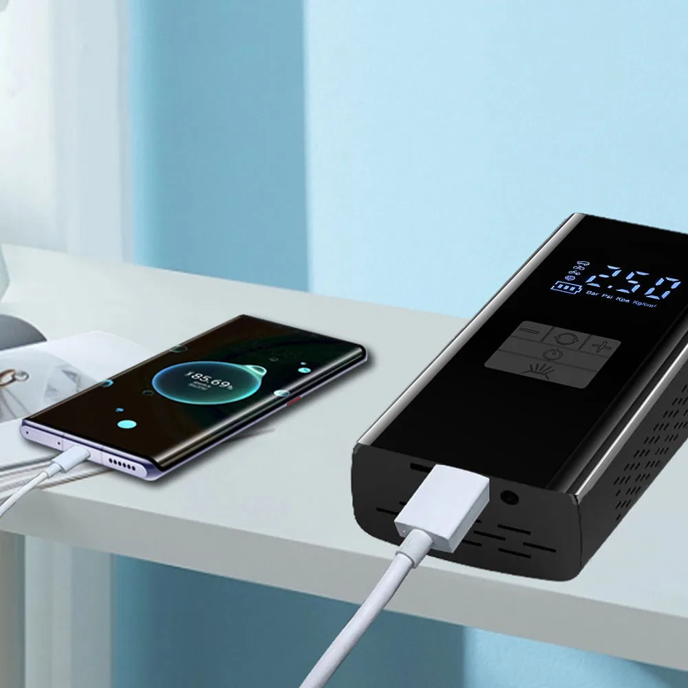 เครื่องอัดอากาศดิจิตอลพร้อมไฟ LED ไร้สาย JN058 Inflator แบบพกพายางปั๊มลมจอแสดงผล LCD เครื่องวัดความดันยางแบบพกพา