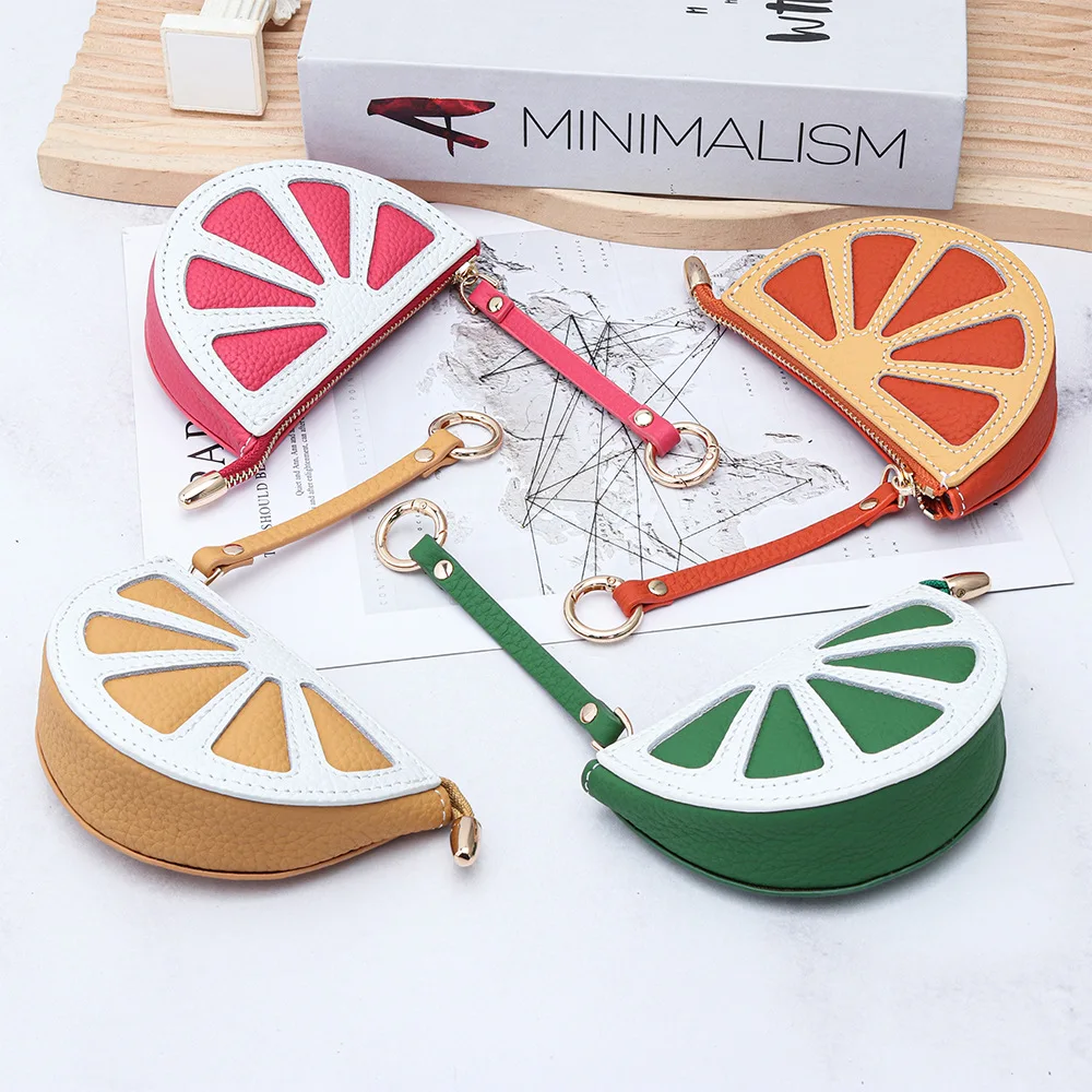Genuine leather color-blocking student coin purse, niche coin pocket, orange cartoon Kawai mini bag, keychain pendant bag
