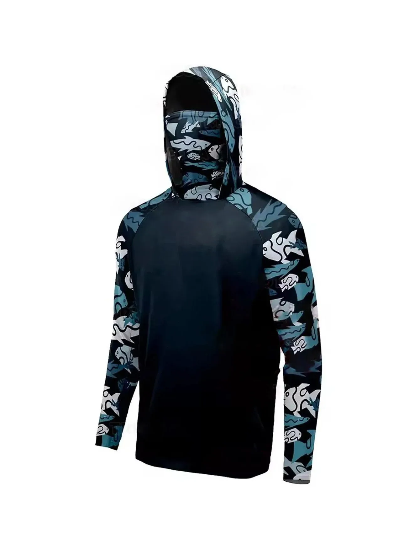 Outdoor Men Fishing Hooded Shirt   Protection Camouflage Spliced Built‑in Face Cover Quick‑Dry Breathable Long Sleeve Tops - view 5