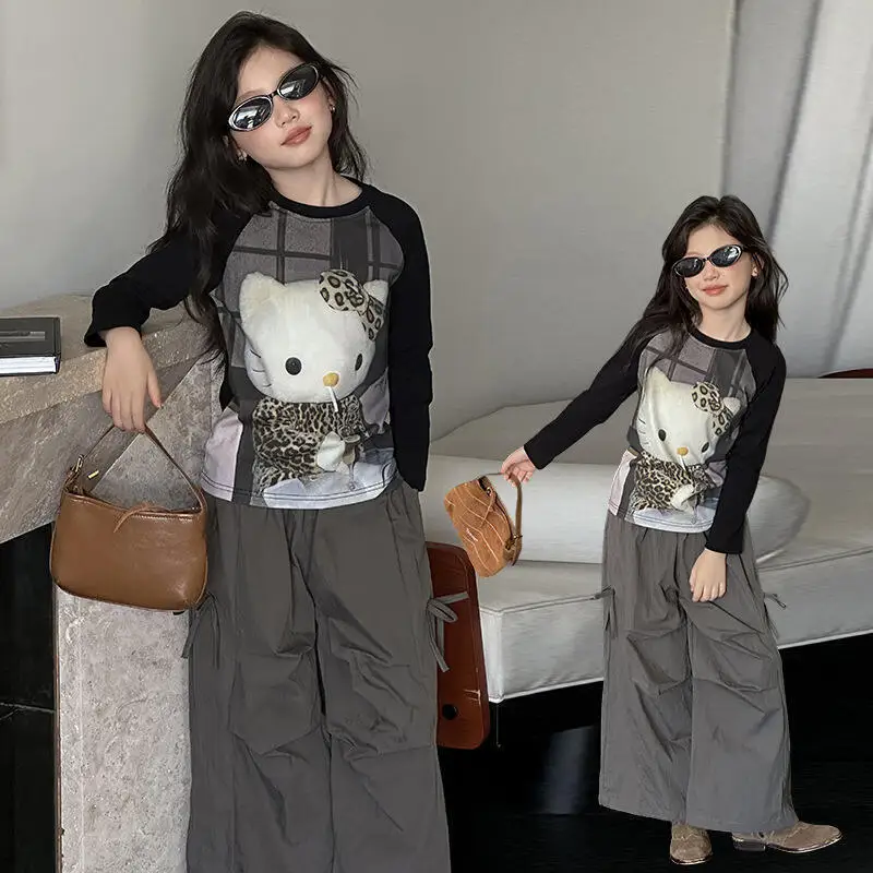 

ГОРЯЧИЙ костюм Sanrio для девочек, комплект с курткой Hello Kitty kawaii, весенне-осенняя студенческая футболка с длинными рукавами, широкие брюки, комплект из 2 предметов, новый