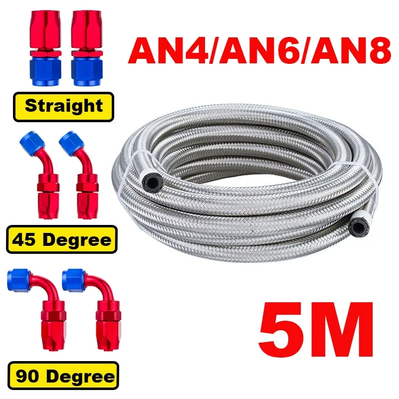 

16FT 5M AN4 AN6 AN8 Car Fuel Hose Oil Gas Cooler Hose Line Pipe Tube Stainless Steel Braided Inside CPE Rubber + 6 End Adapters