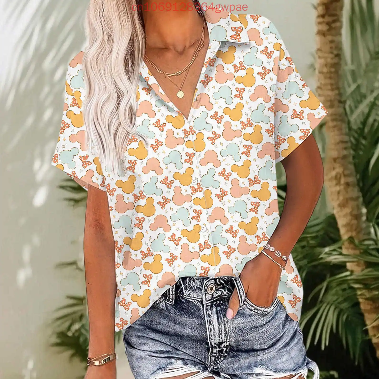 

Disney Minnie Hawaiian Shirt Women's Short Sleeve Button Shirt Mickey Summer Men's Casual Beach Vacation Sun Protection Shirt