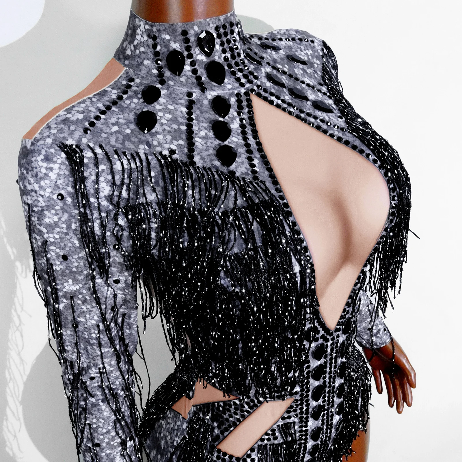キラキララインストーンフリンジジャンプスーツダンス衣装ビッグクリスタルボディスーツタッセルボディスーツパーティーステージウェアダンスショーセクシー衣装