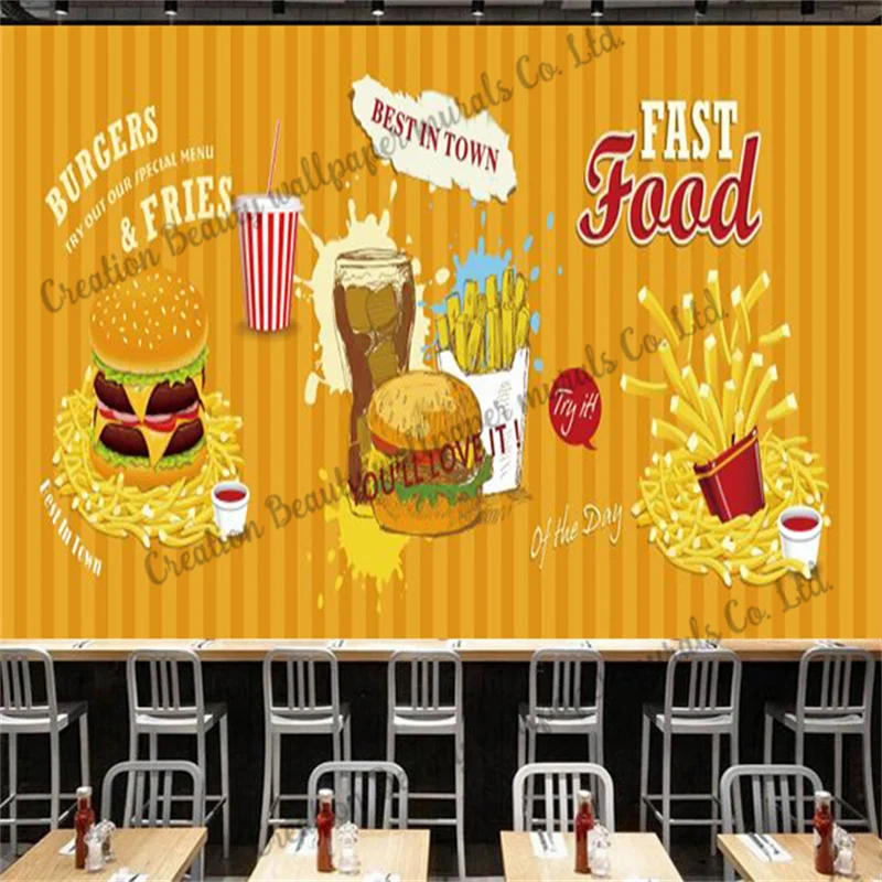 Hand Painted French Fries Hamburger Wallpaper Industrial Decor Mural Western Fast Food Restaurant Snack Bar Background Wall