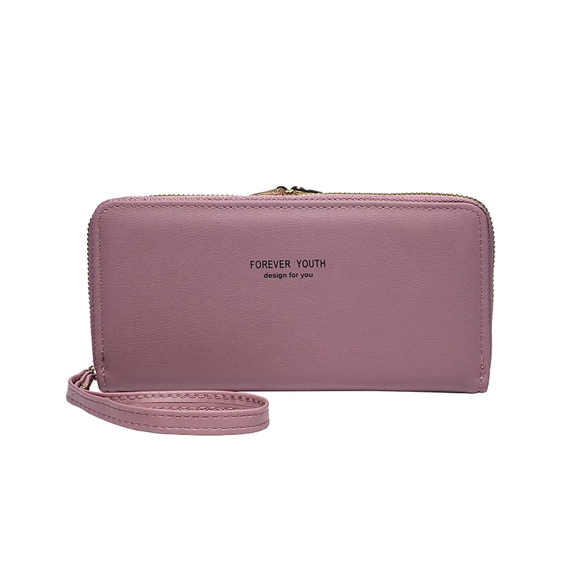 Cartera de doble capa para mujer, bolso con asa de Clip y cremallera larga, minimalista, de gran capacidad, para dinero y teléfono, cuero de PU de alto grado