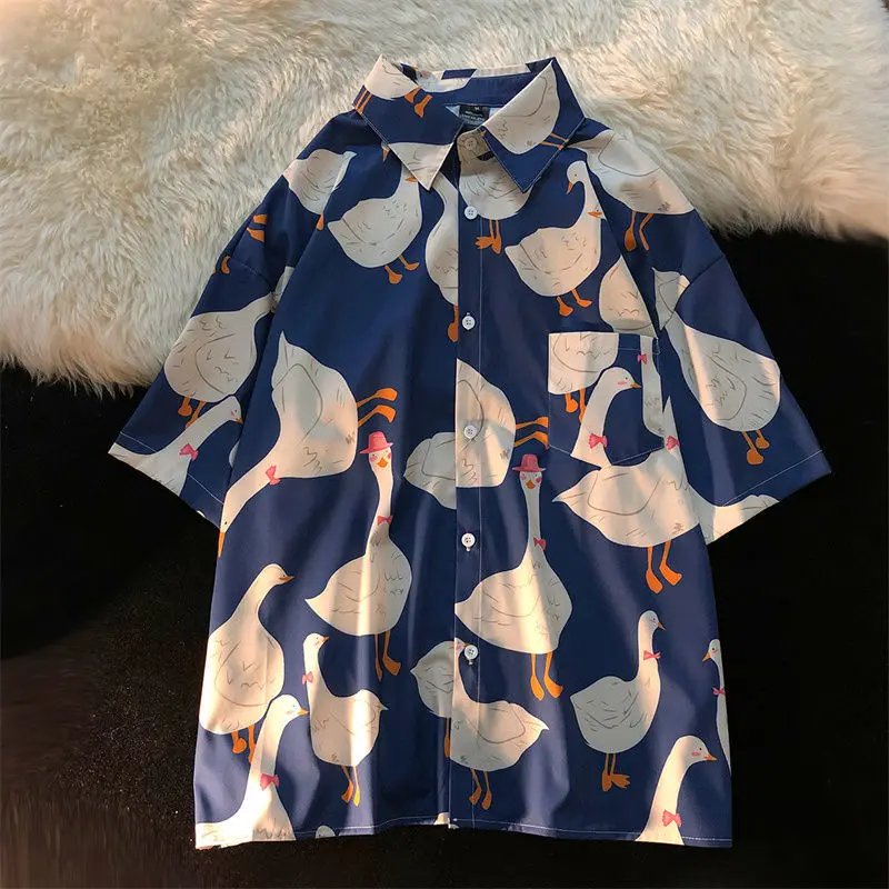 Super Cute Ducks Full Print Beach Shirts Kawaii Teenages Button Up Shirt Men Women Tops Loose Summer Chiffon Comfort Hip Hop Tee