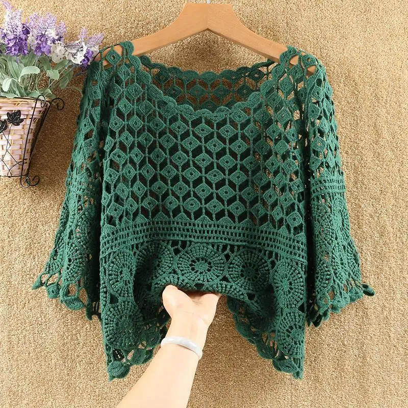 Summer Cotton Crochet Openwork Pullover Women's Loose Fit Matching Cover-up Sun Protective Shirt