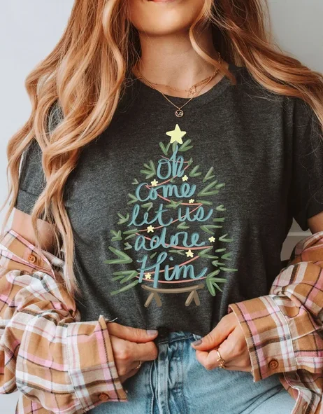 Oh Come Let Us Adore Him Shirt Nativity Christmas Holiday Family T-Shirt Short Sleeve Top Tees 100% Cotton Harajuku kawaii goth