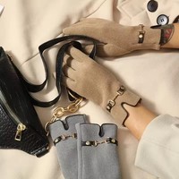 Derong Gloves Women's Winter Velvet Warm Metal Chain Embellishment Suitable for Driving and Cycling a Pair of Touch Screen Glove