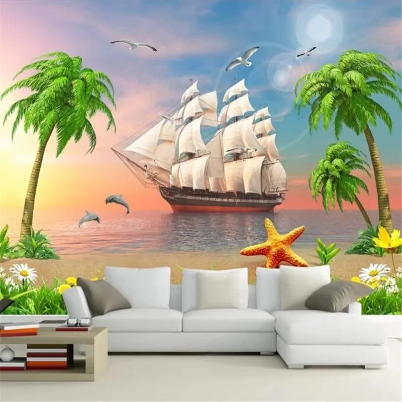 Custom size 3d wallpaper tropical rainforest banana leaf flamingo garden Sunset scenery sailing smooth seascape coconut tree