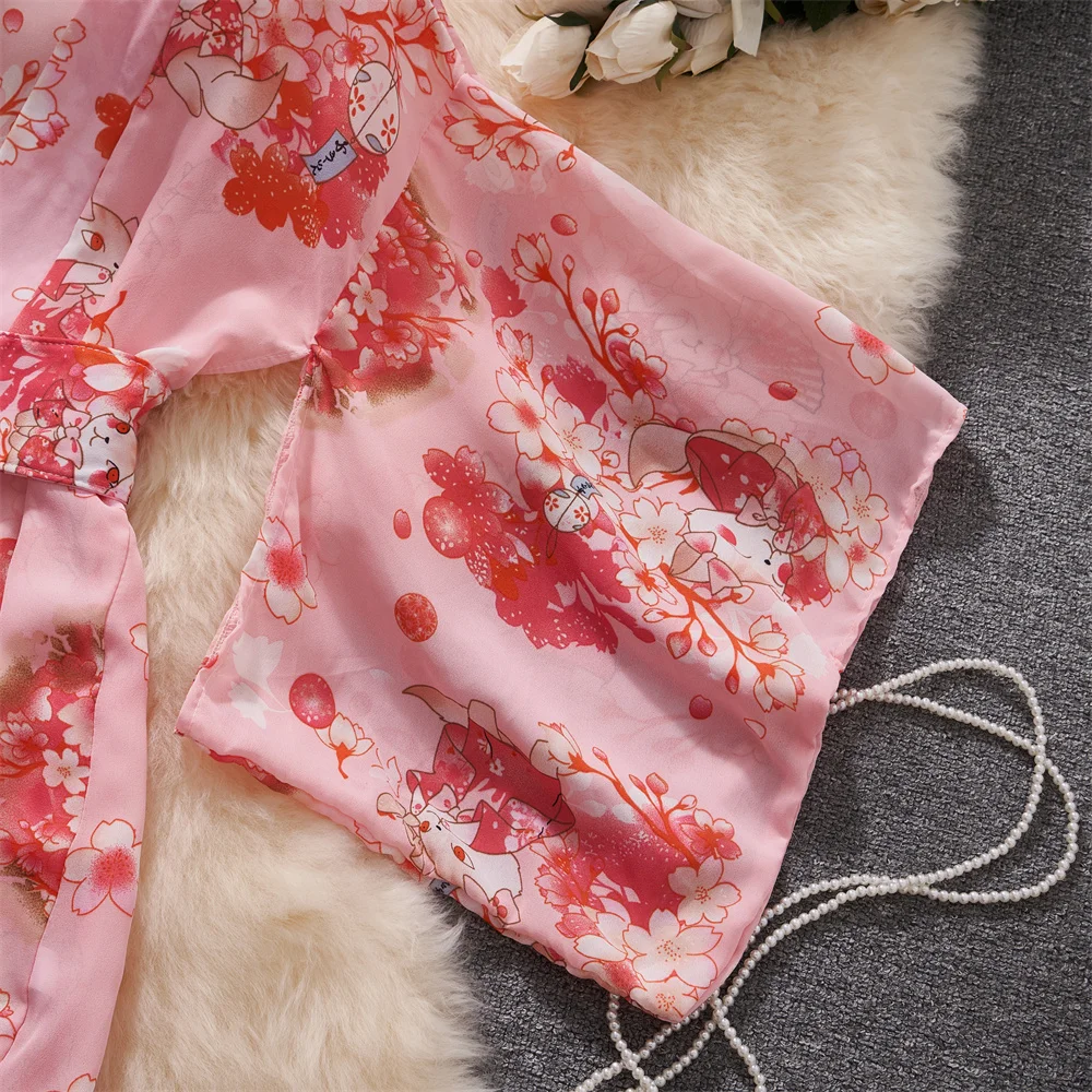 الوردي Hotsweet طباعة فستان قصير شير مثير كيمونو البتلة كم البشكير النساء الملابس السرية المثيرة الملابس الداخلية الجديدة في فستان بيجامة