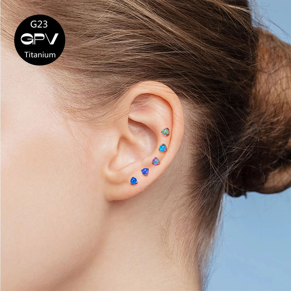 G23 F136 Titanium Earnail Three Claw Round Aurora High Brightness Opal Women\'s Ear Cartilage Nail Perforated Jewelry