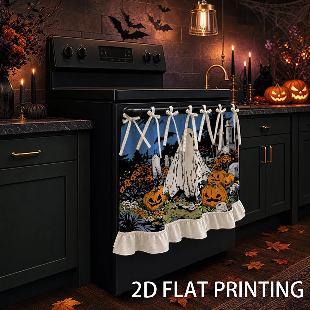 1PC Kitchen Curtain-Cabinet Curtain-Apron. Printed with images of Ghosts, Pumpkins, Graveyards and Bats. Can Be Used as a Stove