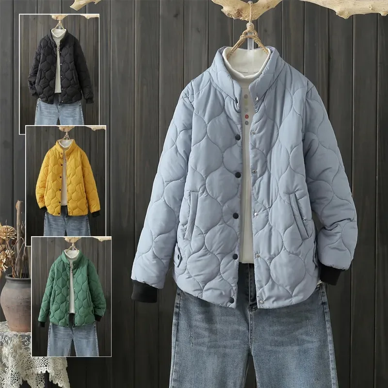 High End Quilted Thickened Soft Women Cotton Jacket Autumn Winter Outerwear Standing Collar Loose Fitting Casual Coat Female