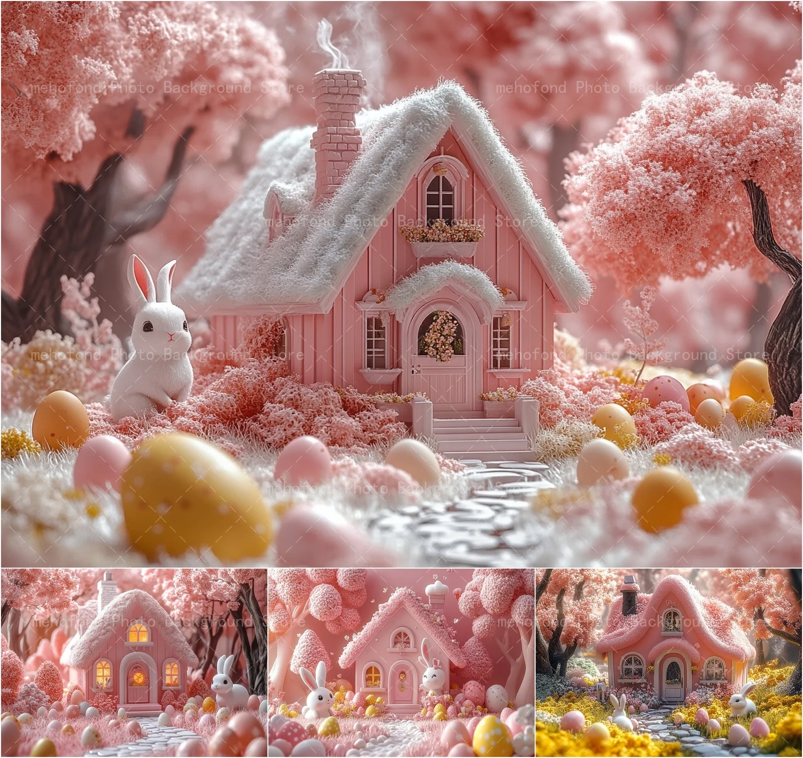 Mehofond 写真撮影背景 イースター 小さな白いウサギ カラフルな卵 石道の家 子供 家族ポートレート背景装飾