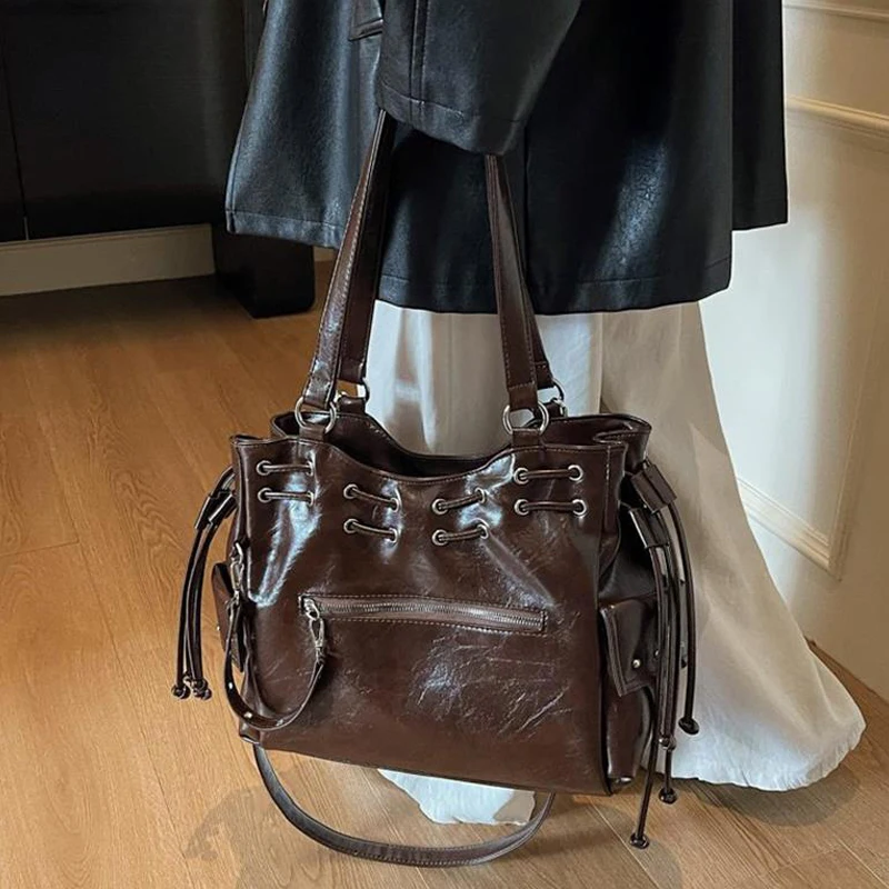

Motorcycle Style Tote Bag Women's Fashion Drawstring Pu Leather Shoulder Bag Y2k Large Capacity With Side Pockets Crossbody Bag