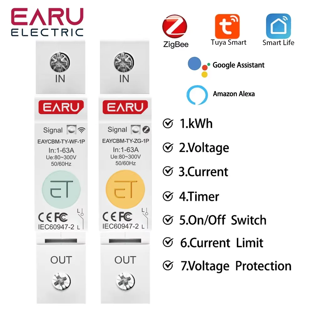 

1P TUYA APP Zigbee WIFI Smart Energy Power Consumption kWh Meter Circuit Breaker Time Relay Switch Leakage Voltage Protection