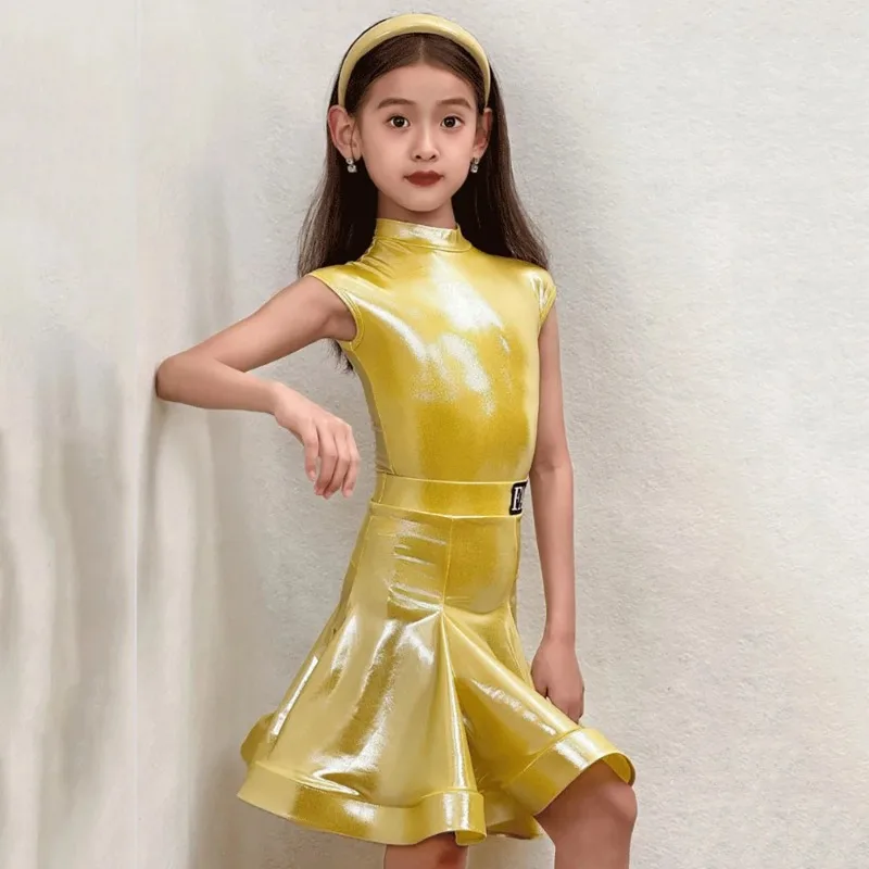 

Children Girls Latin Dancewear Practice Glossy Leather Long Sleeve Bodysuit and Large Skirt Rumba Dance Competition Costume