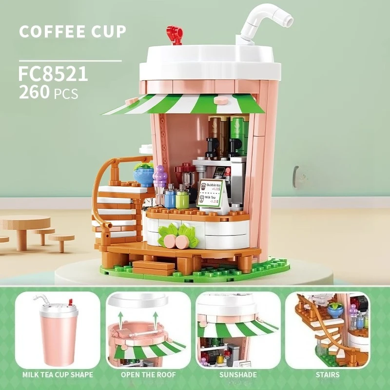 셈보 밀크티 가게 블록 창의적인 어린이 미니 거리 풍경 수제 조립 모델 교육용 커피숍 장난감 선물