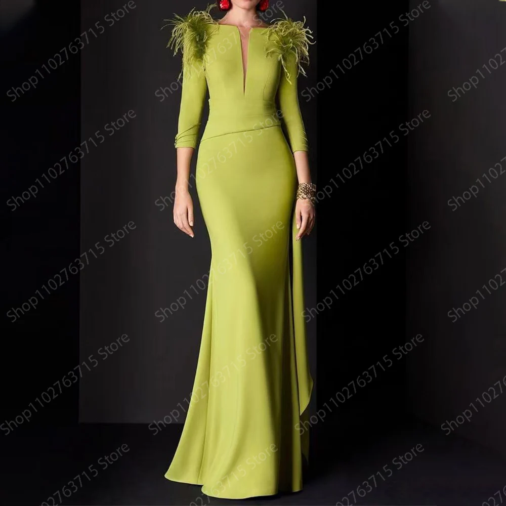 Elegant Long Evening Dresses for Women Feathers V-Neck Floor-Length Mermaid Prom Party Wedding Gala Special Events Dress 2024