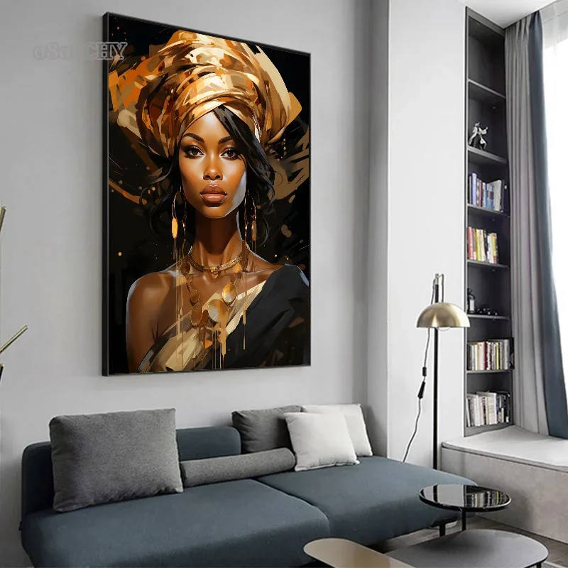Luxury Fashion African Poster Gold and Black Woman Canvas Prints Poster Wall Art Painting Abstract Portrait Mural for Home Decor