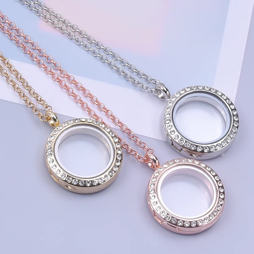 1Pc 25mm Round Floating Relicario Locket Pendant Necklaces For Women Jewelry Making Simple Glass Photo Memorial Chain Collares