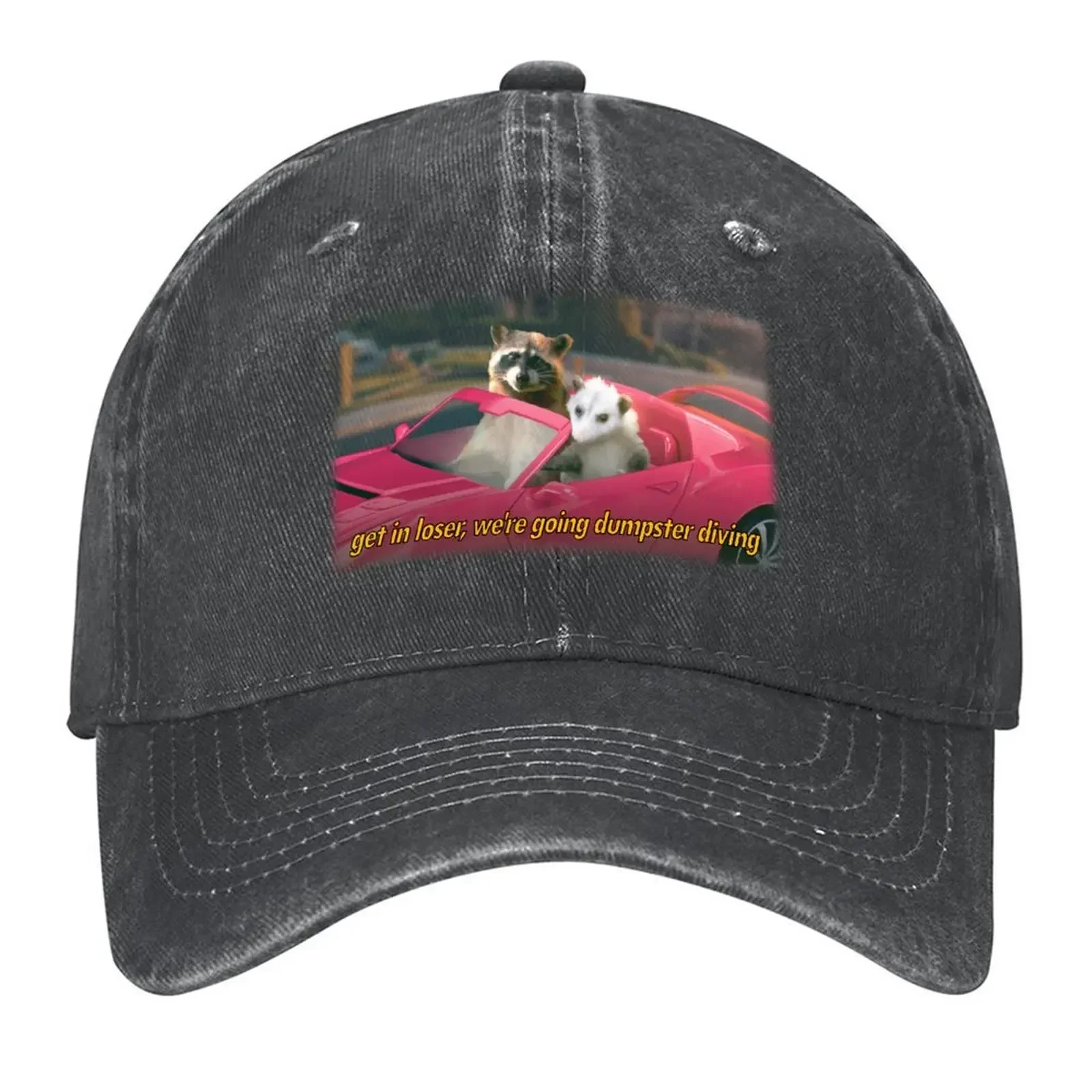 2026 Get in loser, we're going dumpster diving raccoon possum word art - film quote version Baseball Cap