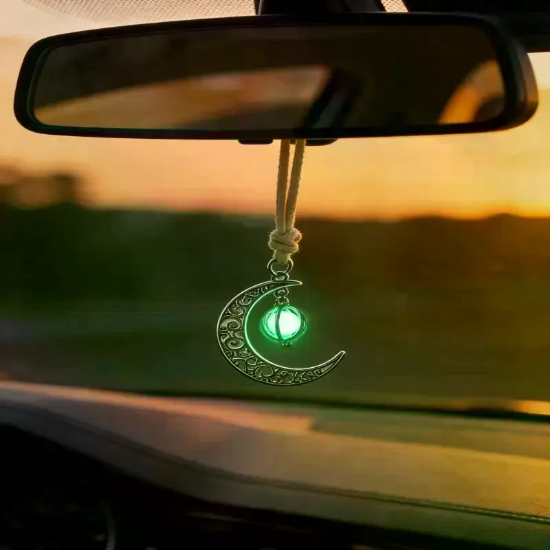 Moon Pendant Car Hanging Ornament – Hollow Crescent Design, Inlaid With Luminous Stone, Elegant Rearview Mirror Decor