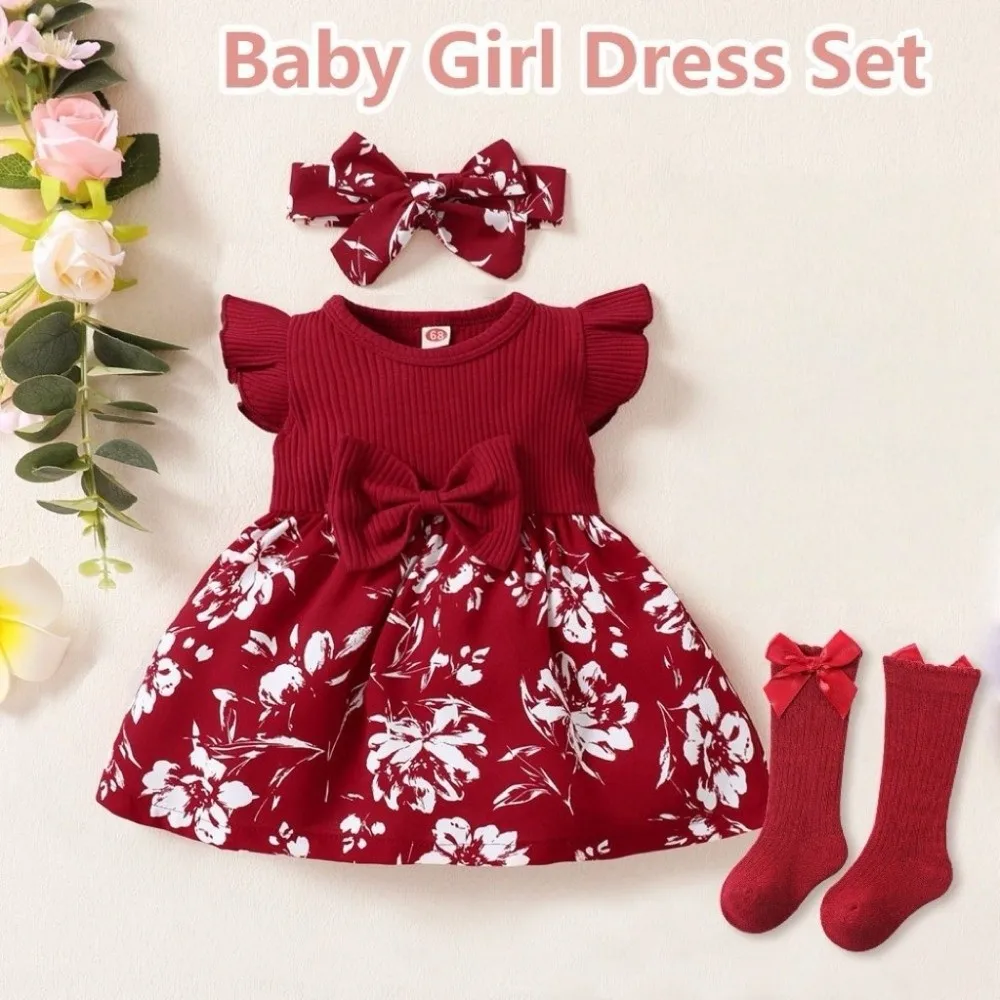 

Colorful Bow Baby Girl Dress Cotton Floral Newborn Clothes Set Short Sleeve Soft Infant Red Princess Dress Photoshoot Outfit