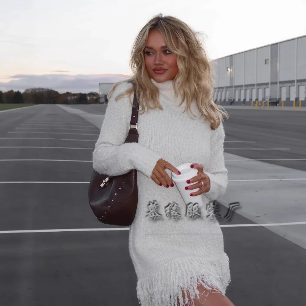 Mini Sweaters Dresses Women Pullovers Turtleneck Tassel Full Sleeve Jumpers Y2k Streetwear Elegant Knit Dress Autumn Winter