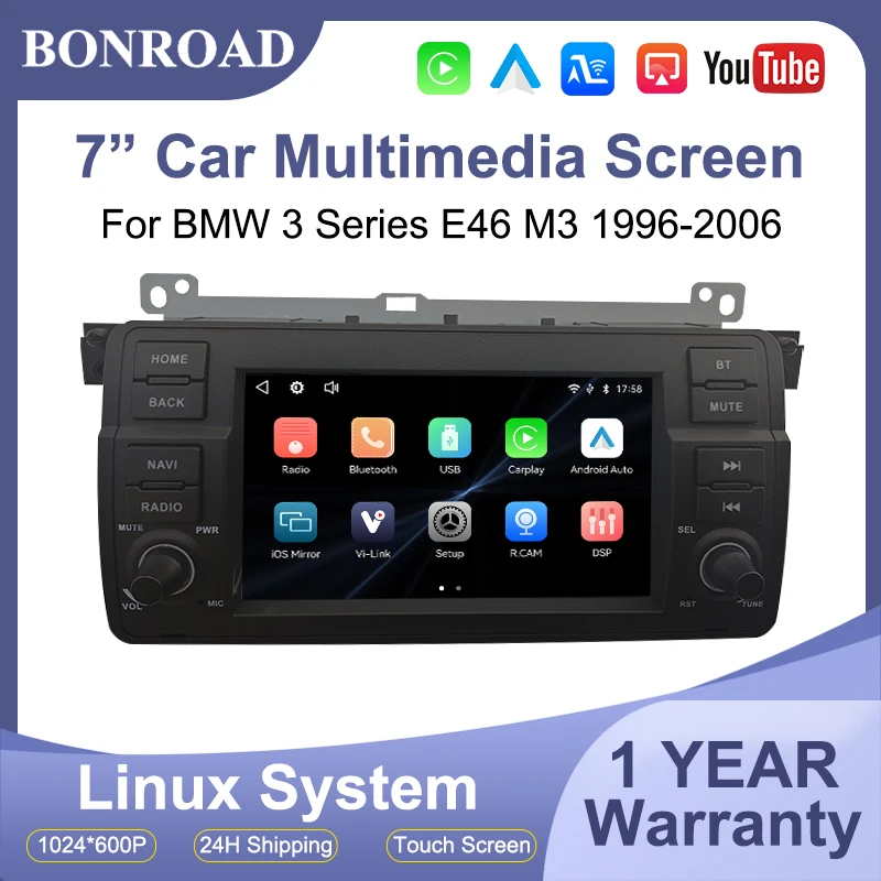 BONROAD, autoradio da 7 pollici per BMW Serie 3 E46 M3, modelli 1996-2006, con schermo multimediale, sistema Linux, lettore, connettività wireless Carplay, Android Auto, YouTube e Airplay.