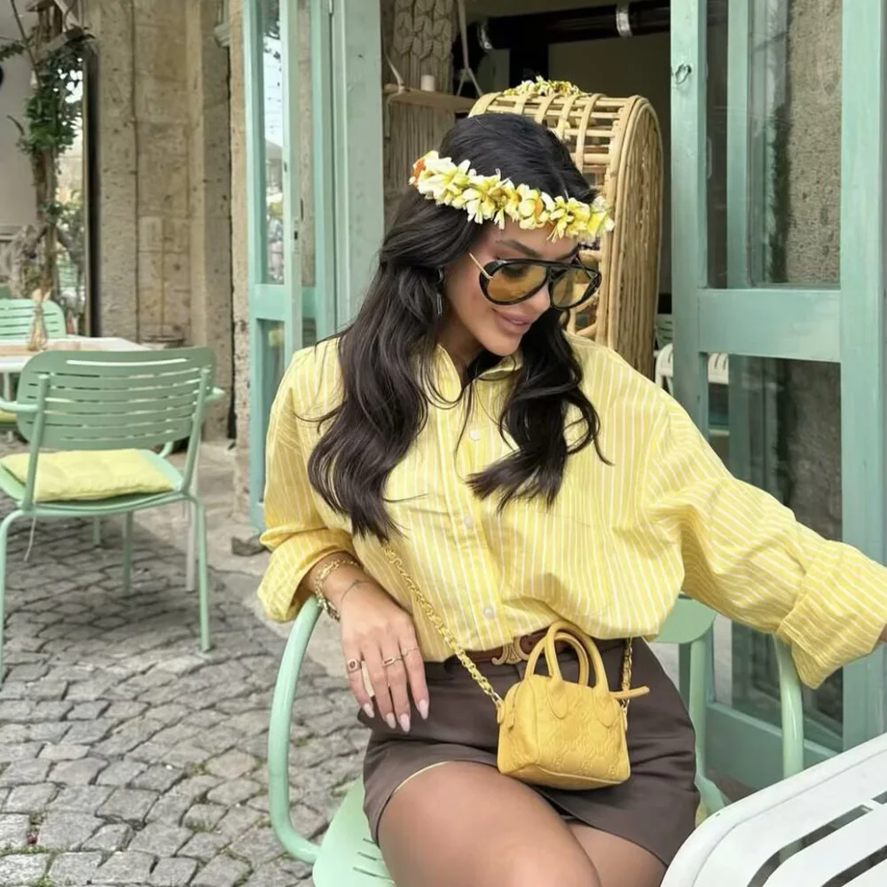 

UNIZERA Women's Yellow Striped Shirt Buckle Decoration Spring/Summer New Product Casual Women's Wear