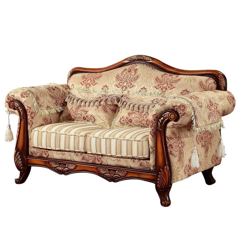 

European fabric sofa combination living room small apartment solid wood carved retro simple American three-person sofa can be re